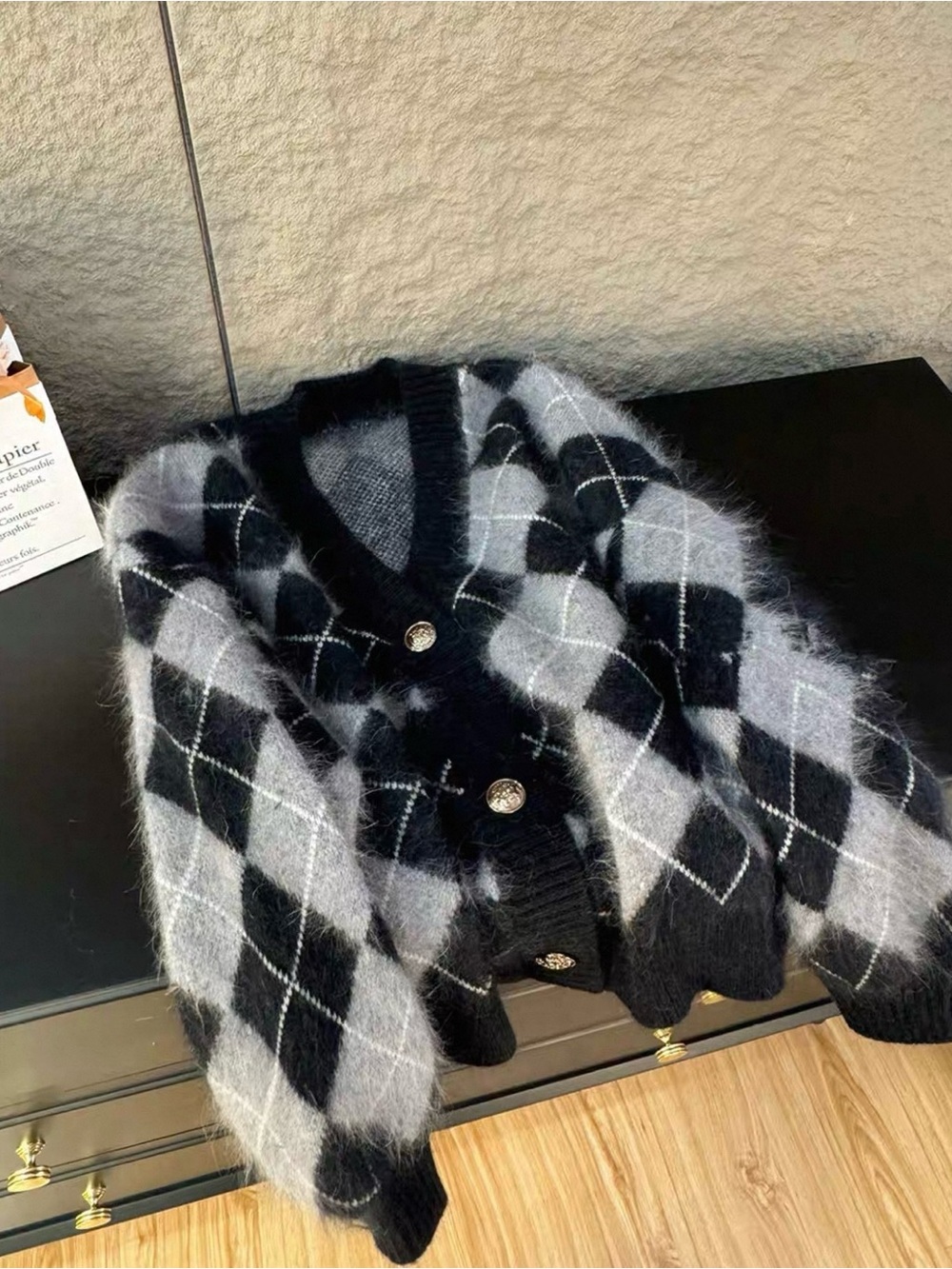 Black & Gray Argyle Fuzzy V-Neck Cardigan